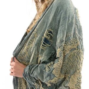 Magnolia Pearl Daiji  Dragon Embroidered, Distressed Kimono Jacket